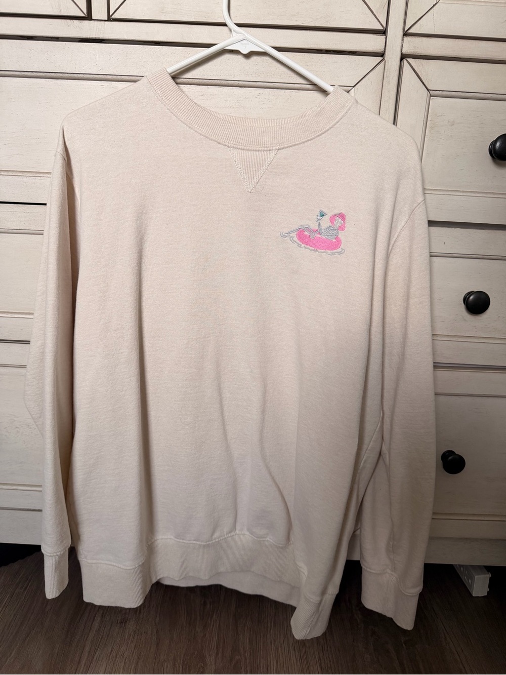 Cream Women's Pullover Sweater with Pink Embroidered Detail